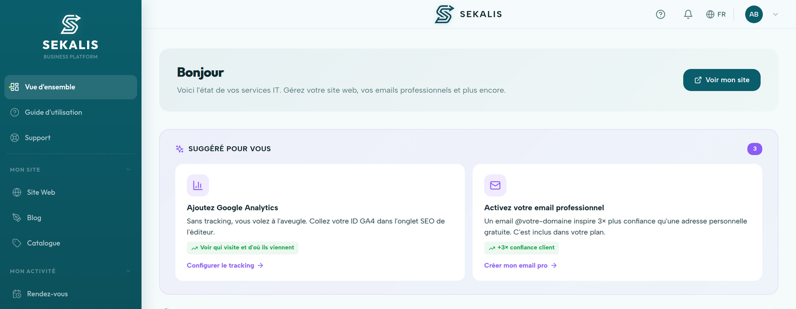 Le tableau de bord Sekalis : site web, emails et suggestions au même endroit